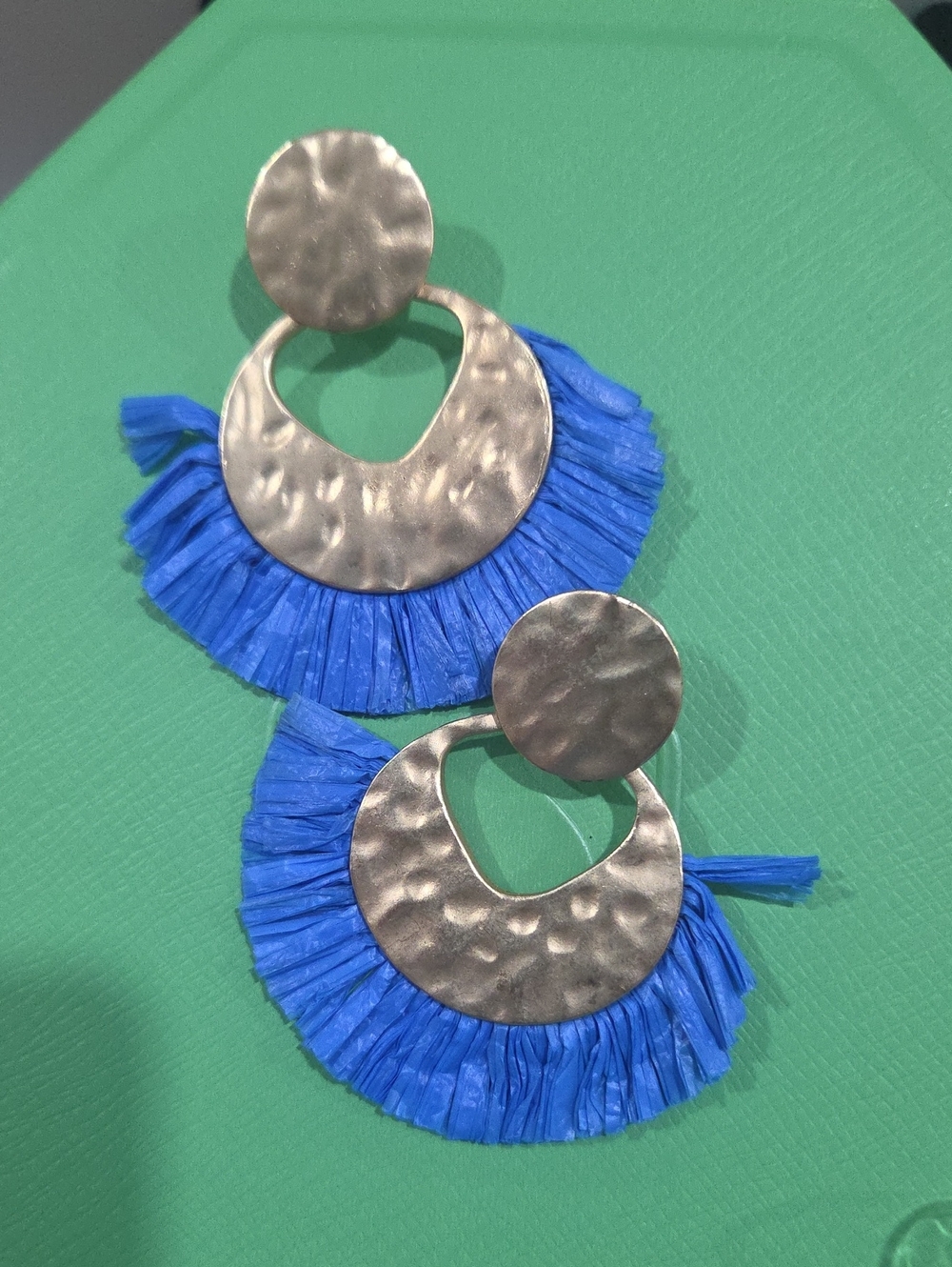 Blue Fringe Hammered Metal Drop Earrings - Women Jewelry